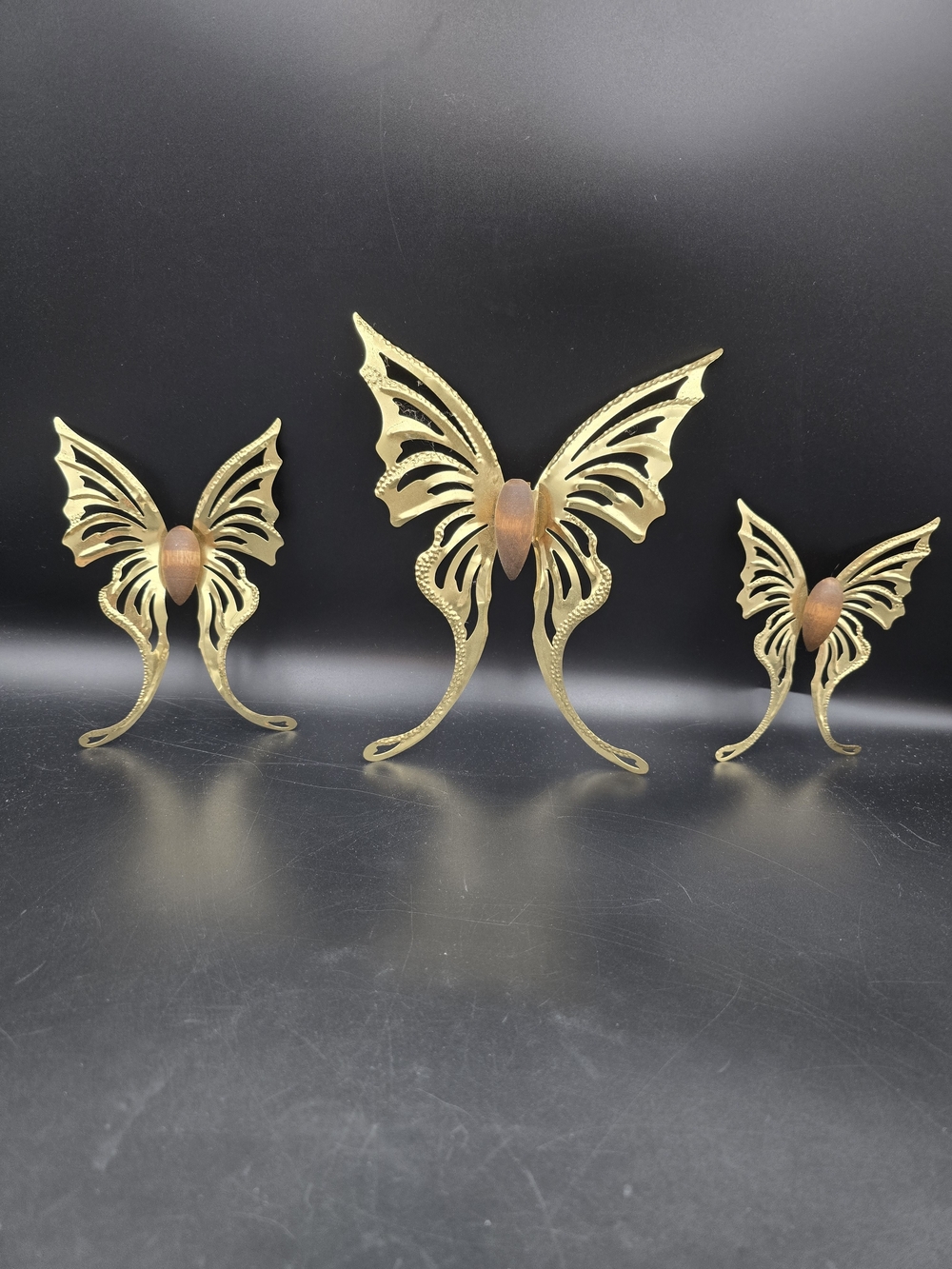 Home Interiors Gold Metal & Wood Accent Butterfly Trio